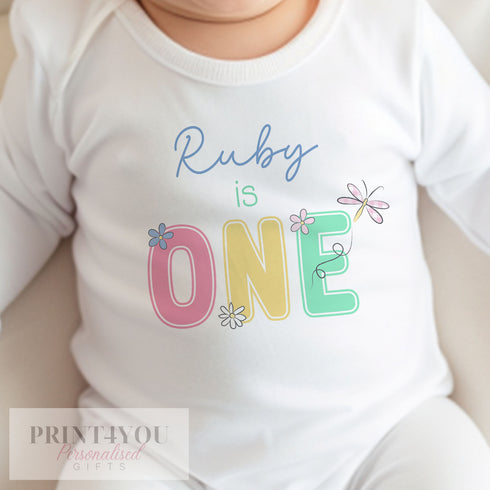Personalised Girls First Birthday Vest, I am One, Sleepsuit, Vest or T-shirt, pastel daisy and dragonfly