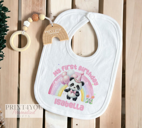 Personalised First Birthday One T-shirt, Sleepsuit and vest, Panda Bear Pink Rainbow and Balloons First Birthday Outfit.
