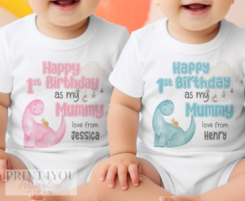 Happy Birthday Mummy, 1st Birthday as My Mummy, Sleepsuit Baby grow Bodysuit Vest, Mum Birthday, Mummy Birthday, Cute Dinosaur Design