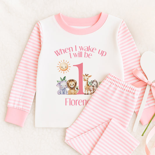 Personalised Pink Striped Children's Pyjamas "When I Wake Up I Will Be one" with safari animals