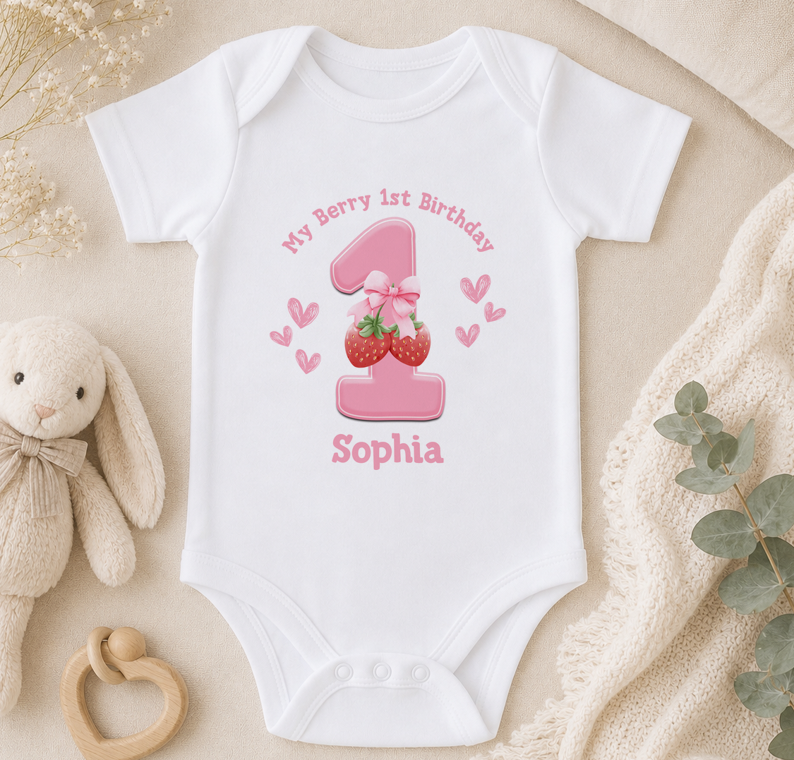 A white onesie with a pink number one and strawberries, along with the text "My Berry 1st Birthday Sophia" printed on it, is displayed on a bed with a stuffed bunny and a plant.