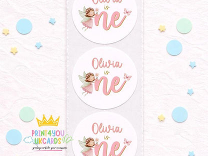 Sheet of glossy round fairy birthday stickers personalised with a child's name