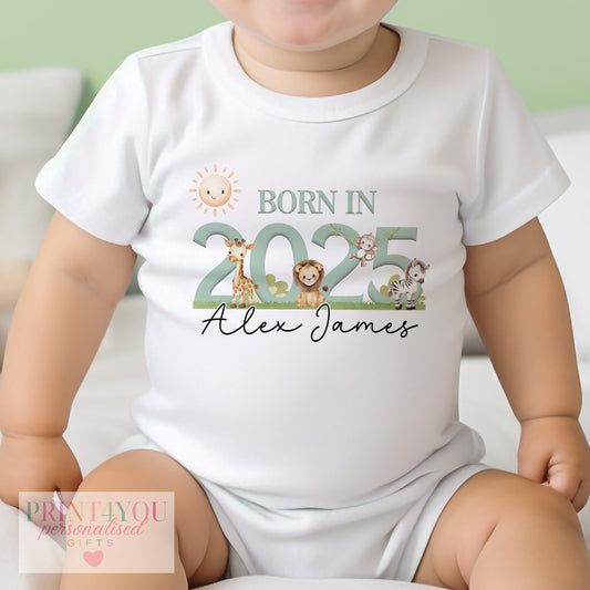Personalised safari animal bib, printed with baby's name on soft white 100% cotton.