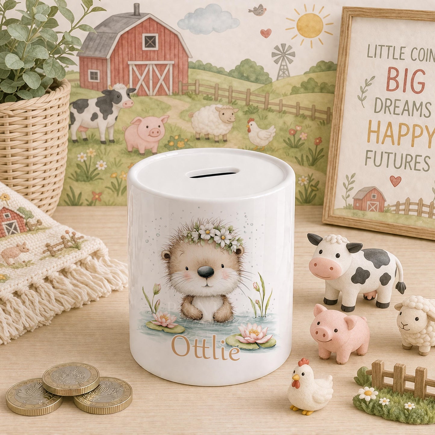 Personalised otter ceramic money box, piggy bank with removable stopper