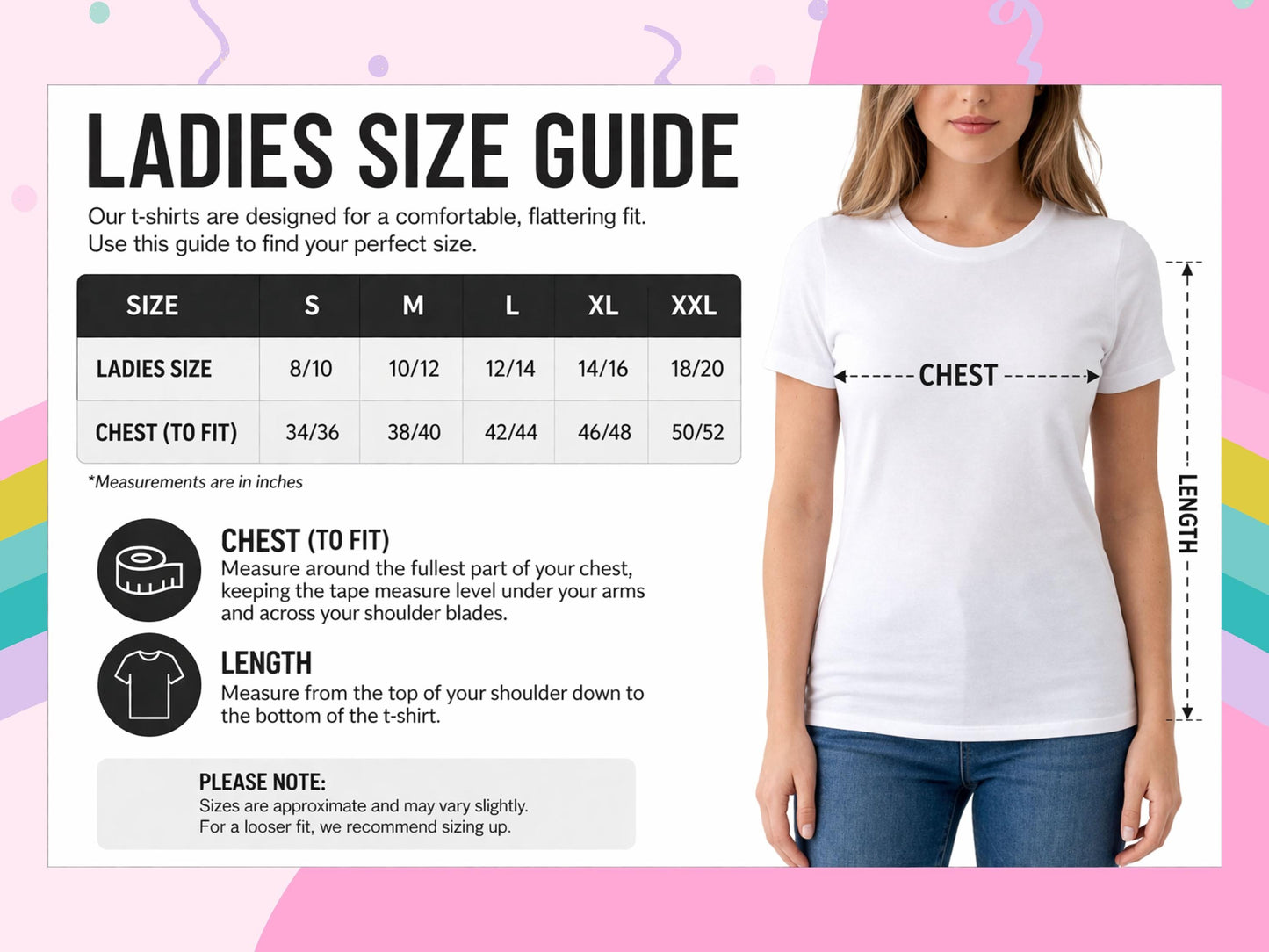 The image is a women's t-shirt size guide, showing measurements and sizes for different types of t-shirts.