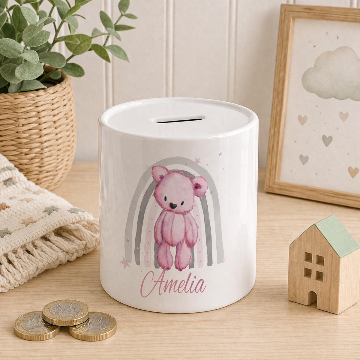 Personalised pink teddy bear ceramic piggy bank, baby savings bank