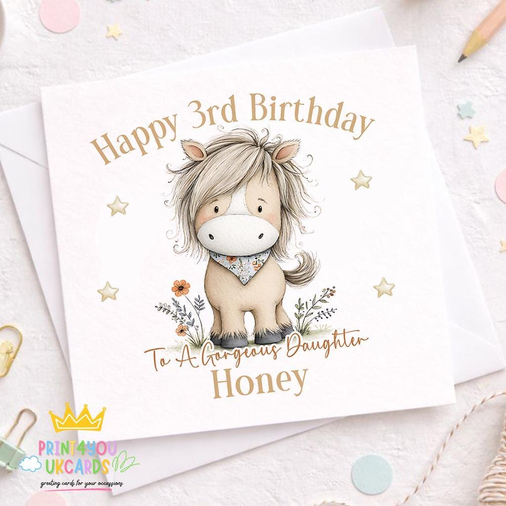 Personalised square birthday card featuring a pony and floral design