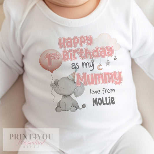 Personalised Party Elephant first birthday bib, customised with a name and chosen relation such as Mummy or Daddy.