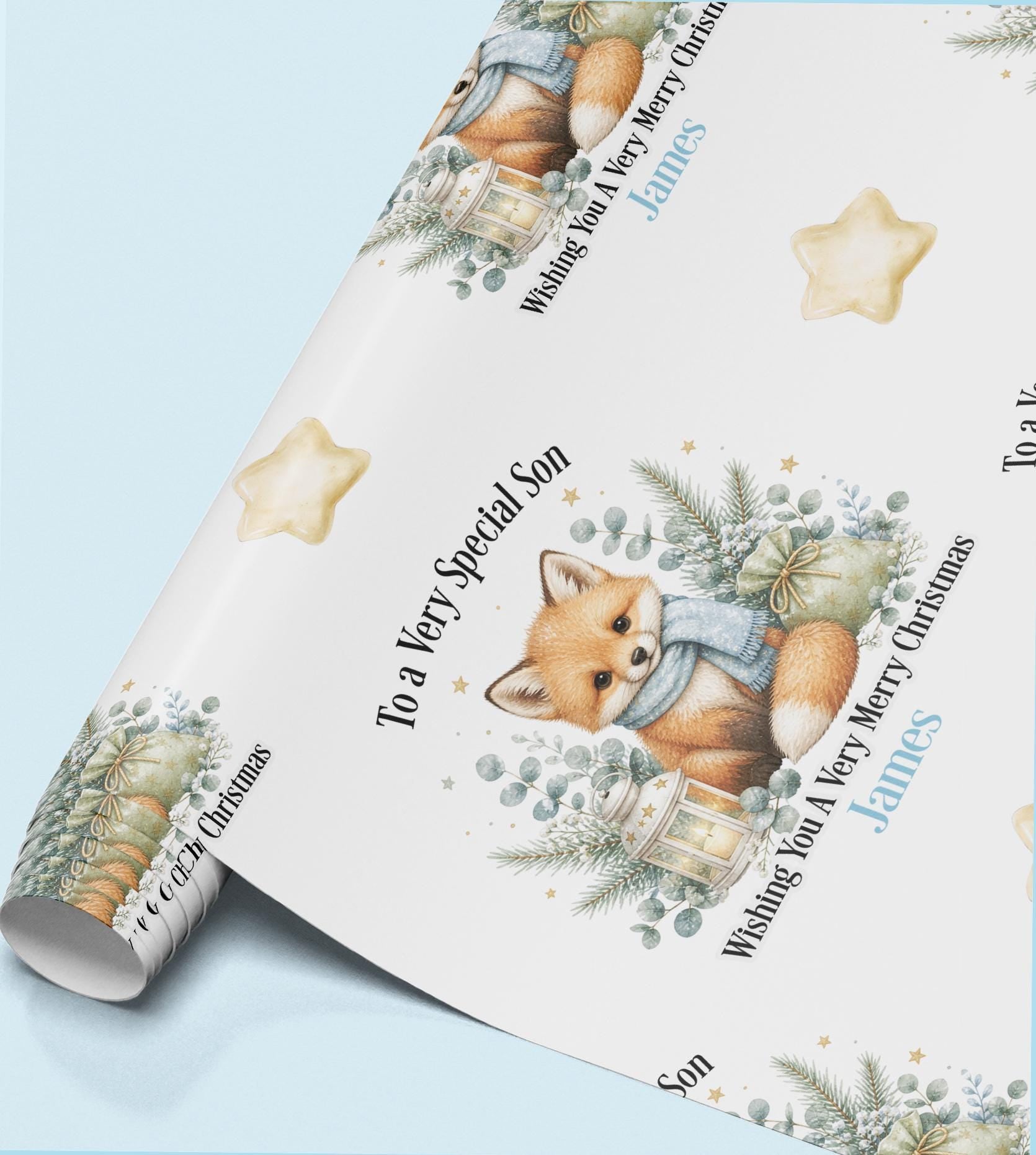 Rolled sheet of personalised fox Christmas wrapping paper printed with a name and relation