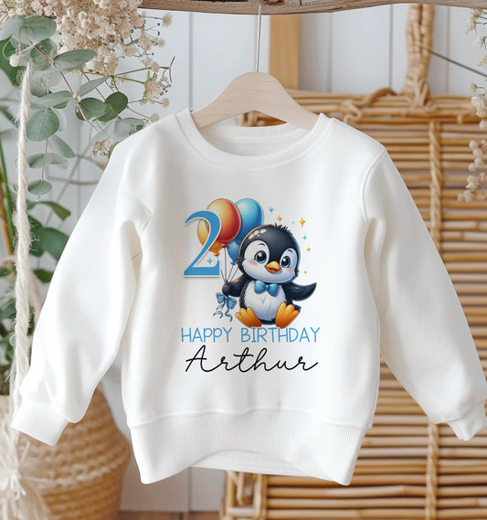 Personalised Birthday Age Sweatshirt Jumper For Children. Any Age, White Cotton Sweatshirt – Penguin Number and name - 6-12 months
