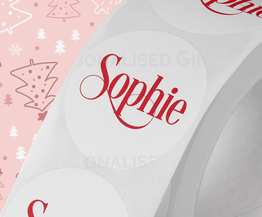 Personalised Red Festive Name Sticker – Christmas White Gloss 5cm Stickers – Perfect for Christmas Party Bags, Gift Wrapping, and More! - Strips (5cm each)