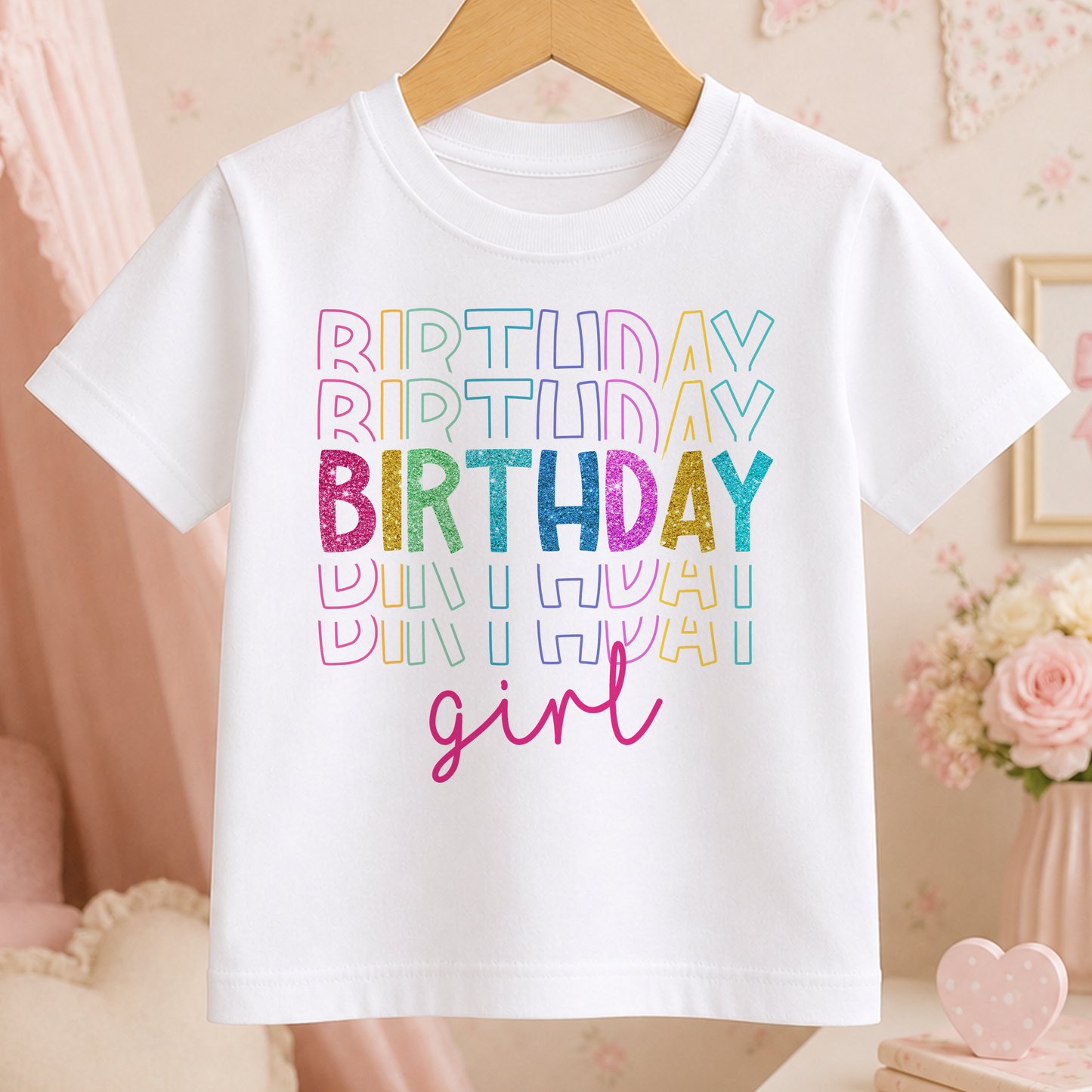 A white t-shirt with the text "BIRTHDAY girl" printed on it in a colorful, glittery font.