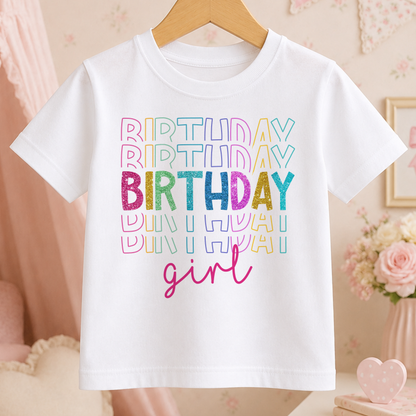 A white t-shirt with the text "BIRTHDAY girl" printed on it in a colorful, glittery font.