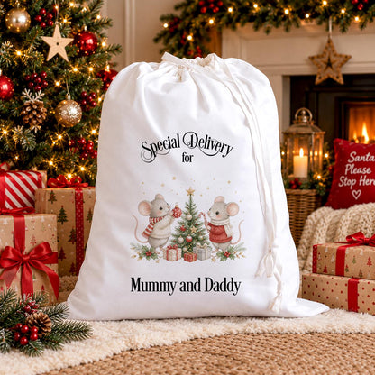 Personalised Christmas Sack, Mice Name Gift Bag, Cotton Santa Sack