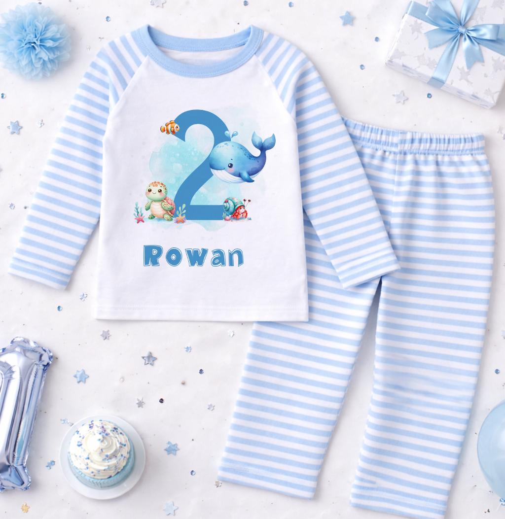 Personalised blue stripe ocean theme birthday pyjamas with custom name printed on soft cotton