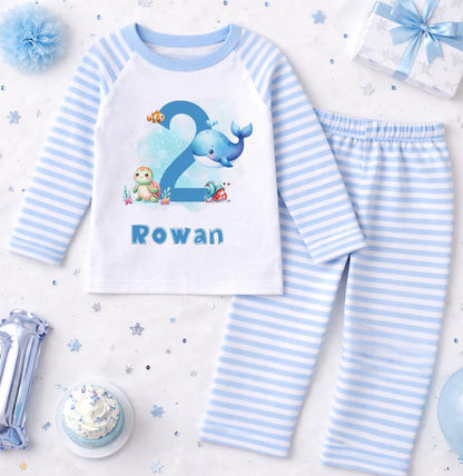 Personalised blue stripe ocean theme birthday pyjamas with custom name printed on soft cotton