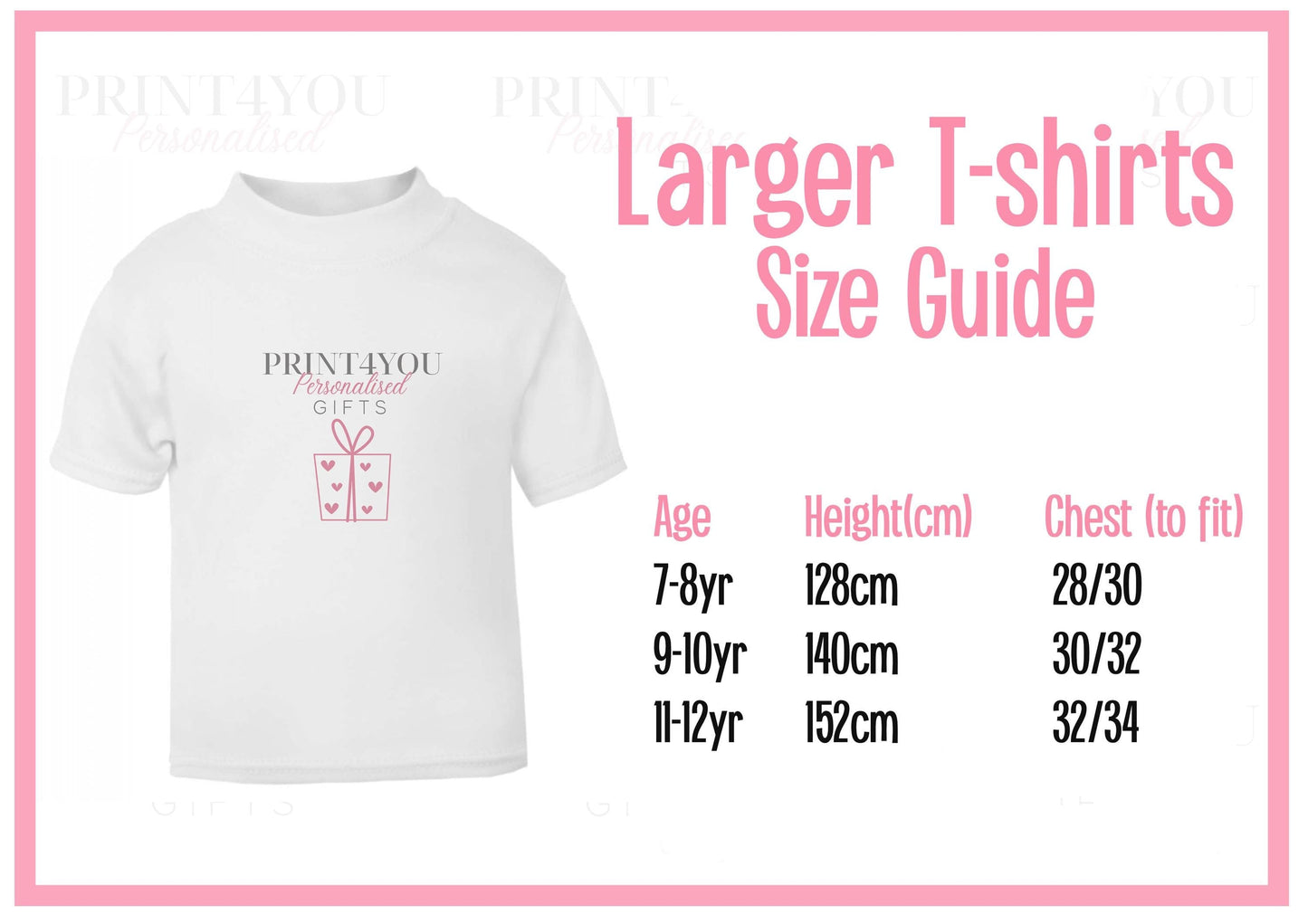 a white t-shirt with a personalized gift design, accompanied by a size guide for larger t-shirts.