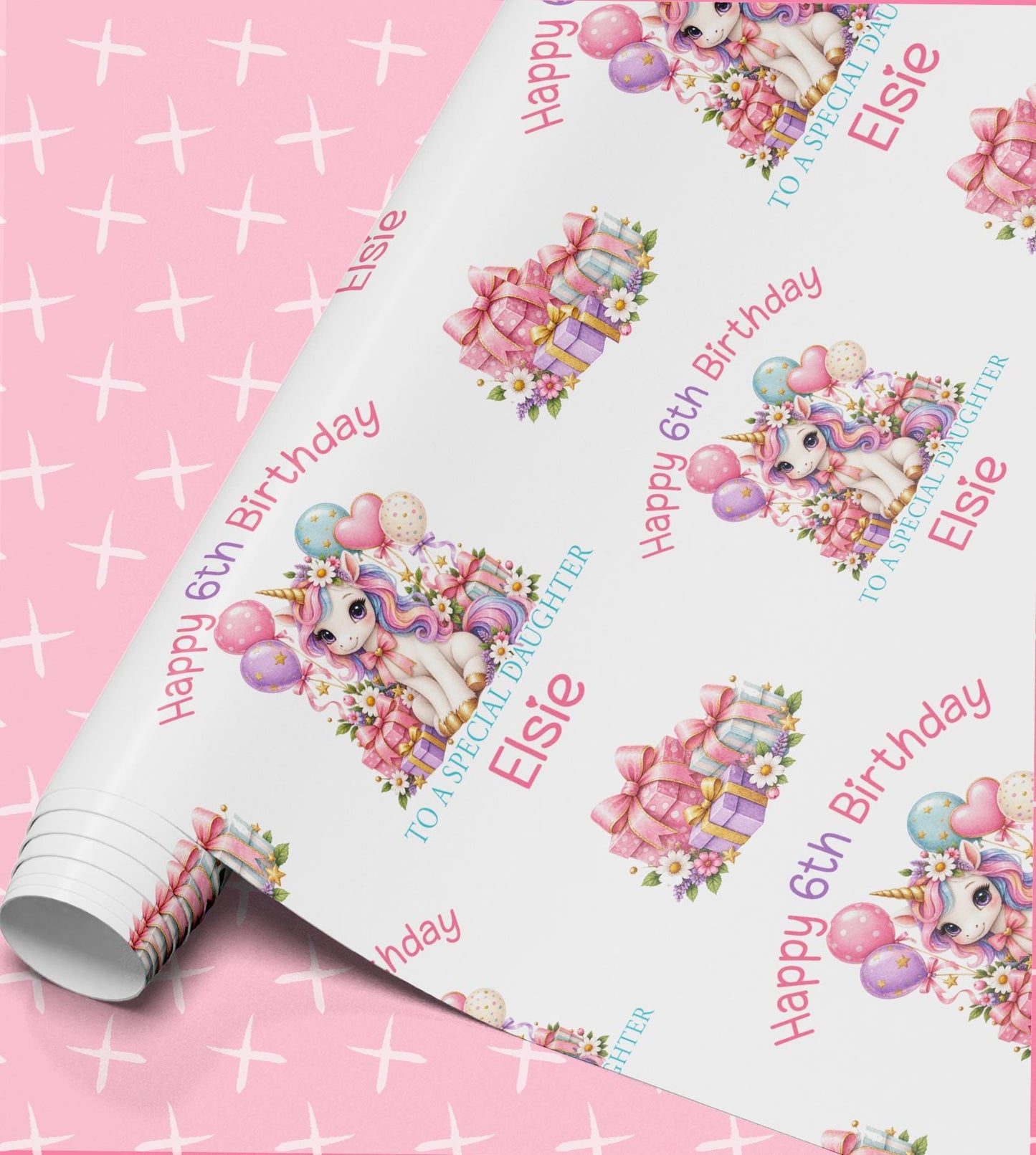 Personalised unicorn wrapping paper roll printed with Happy 6th Birthday, To a Special Daughter and the name Elsie