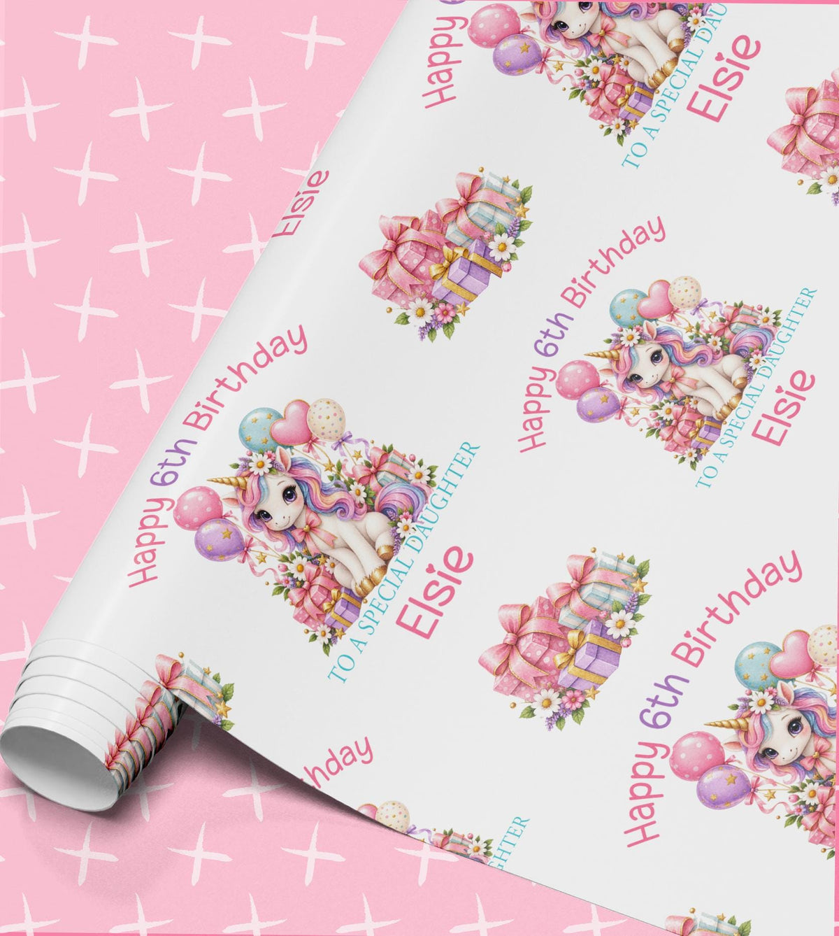Personalised unicorn wrapping paper roll printed with Happy 6th Birthday, To a Special Daughter and the name Elsie