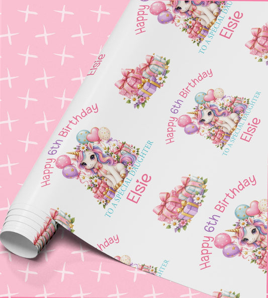 Personalised unicorn wrapping paper roll printed with Happy 6th Birthday, To a Special Daughter and the name Elsie