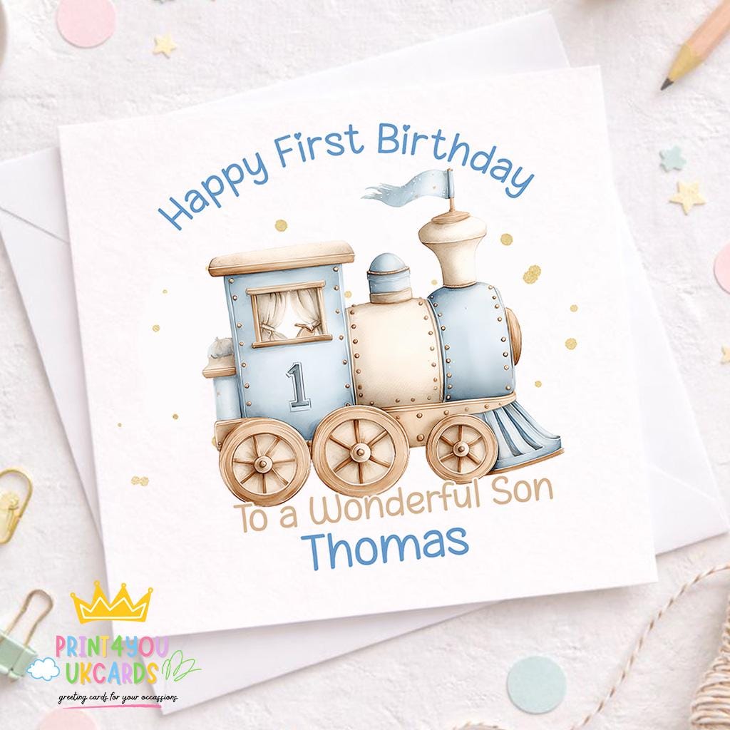 Square 1st birthday card featuring the blue train design, shown on a plain background