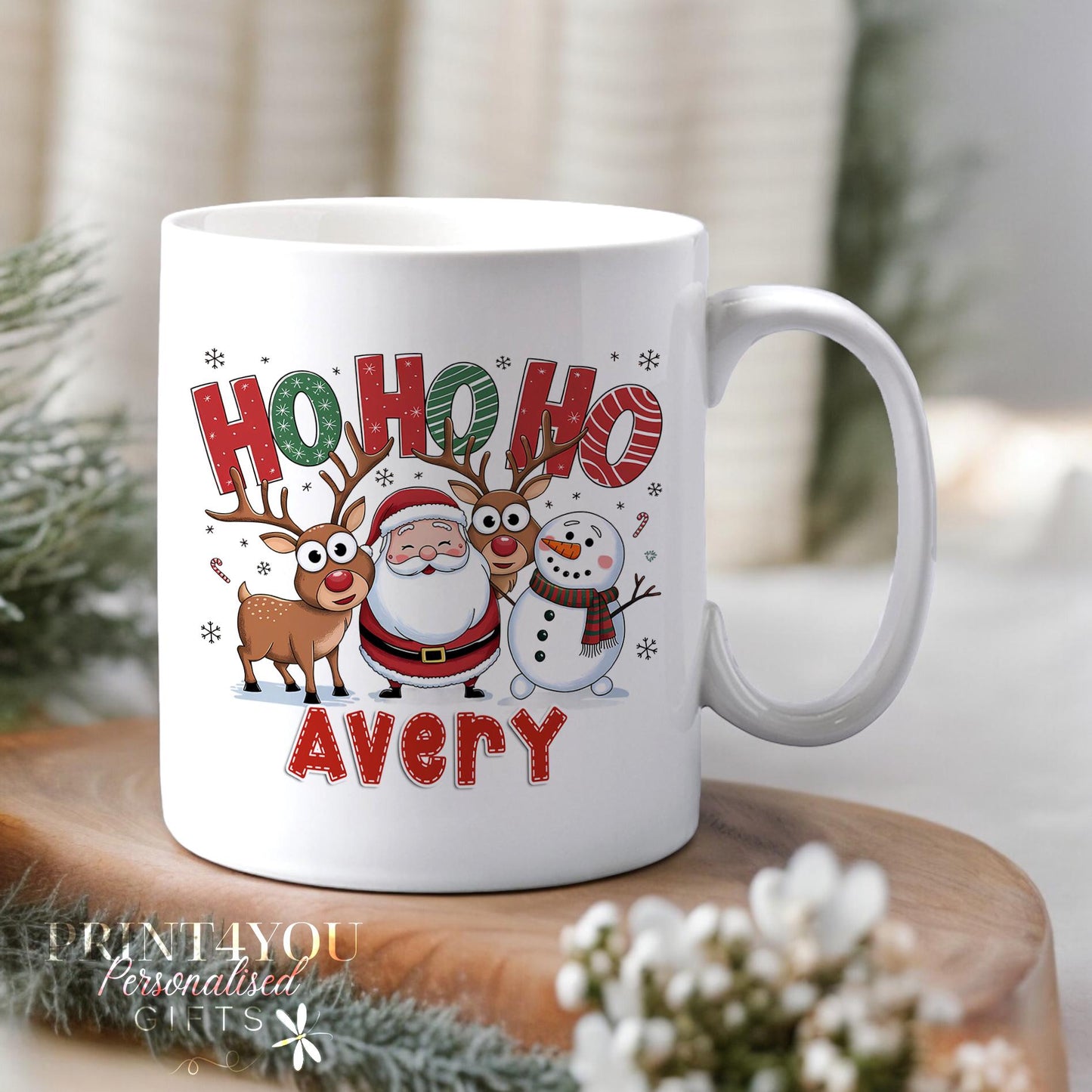 Personalised white ceramic mug with Santa Claus Ho Ho Ho design and custom name