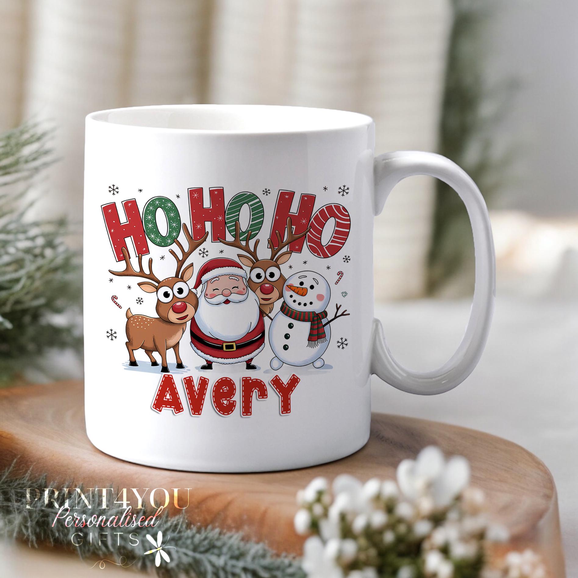 Personalised white ceramic mug with Santa Claus Ho Ho Ho design and custom name