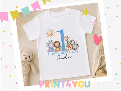 Personalised safari friends birthday t-shirt printed with jungle animals and 'Happy Birthday Jude', styled with colourful bunting and a soft toy.