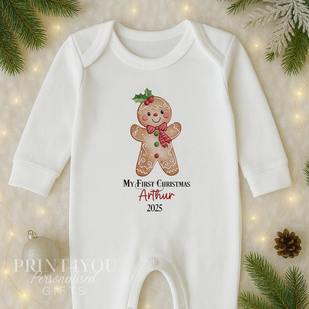 Personalised Gingerbread Christmas Baby Outfit – Vest, Sleepsuit & Bib Gift Set, Custom Name