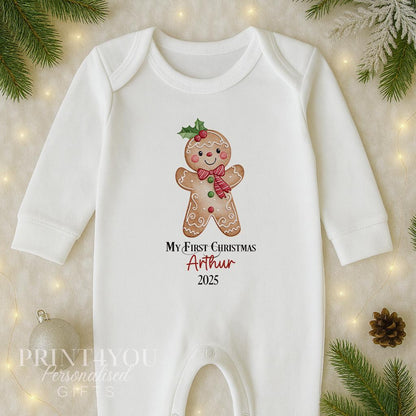 Personalised Gingerbread Christmas Baby Outfit – Vest, Sleepsuit & Bib Gift Set, Custom Name