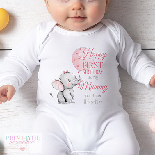 Personalised bib with elephant and pink balloon design printed 'Happy First Birthday as my Mummy' and custom name