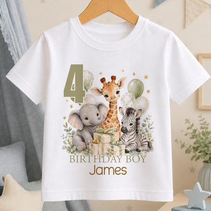 Personalised white t-shirt with watercolour safari animals, elephant, giraffe and zebra with sage balloons, an age number and Birthday Boy above a name