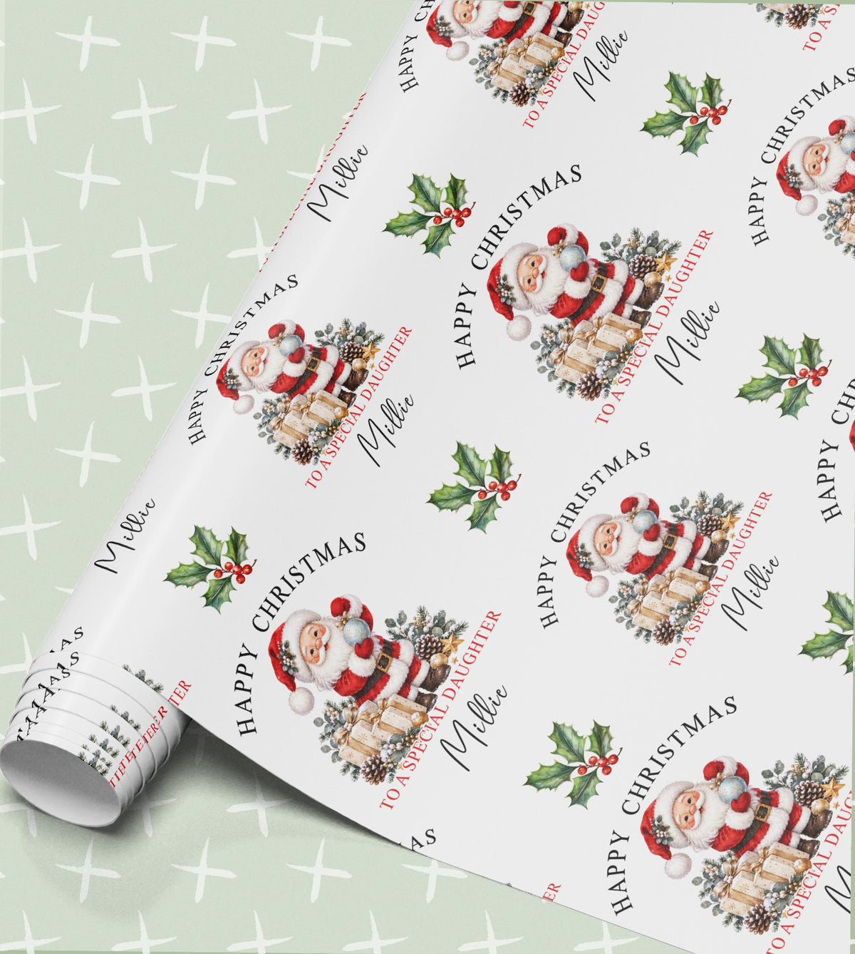 Personalised Christmas wrapping paper in sage green with a vintage Santa, baubles and holly, Happy Christmas with a relation and name