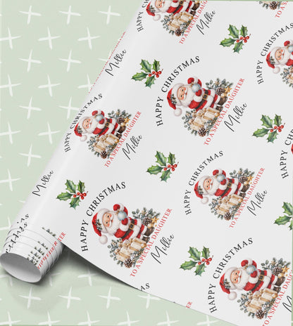 Personalised Christmas wrapping paper in sage green with a vintage Santa, baubles and holly, Happy Christmas with a relation and name