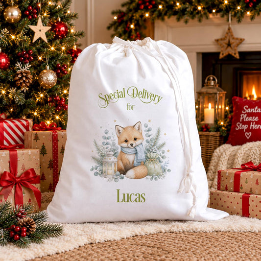 Personalised Santa Sack, Baby Fox Christmas Sack With Name, Sage