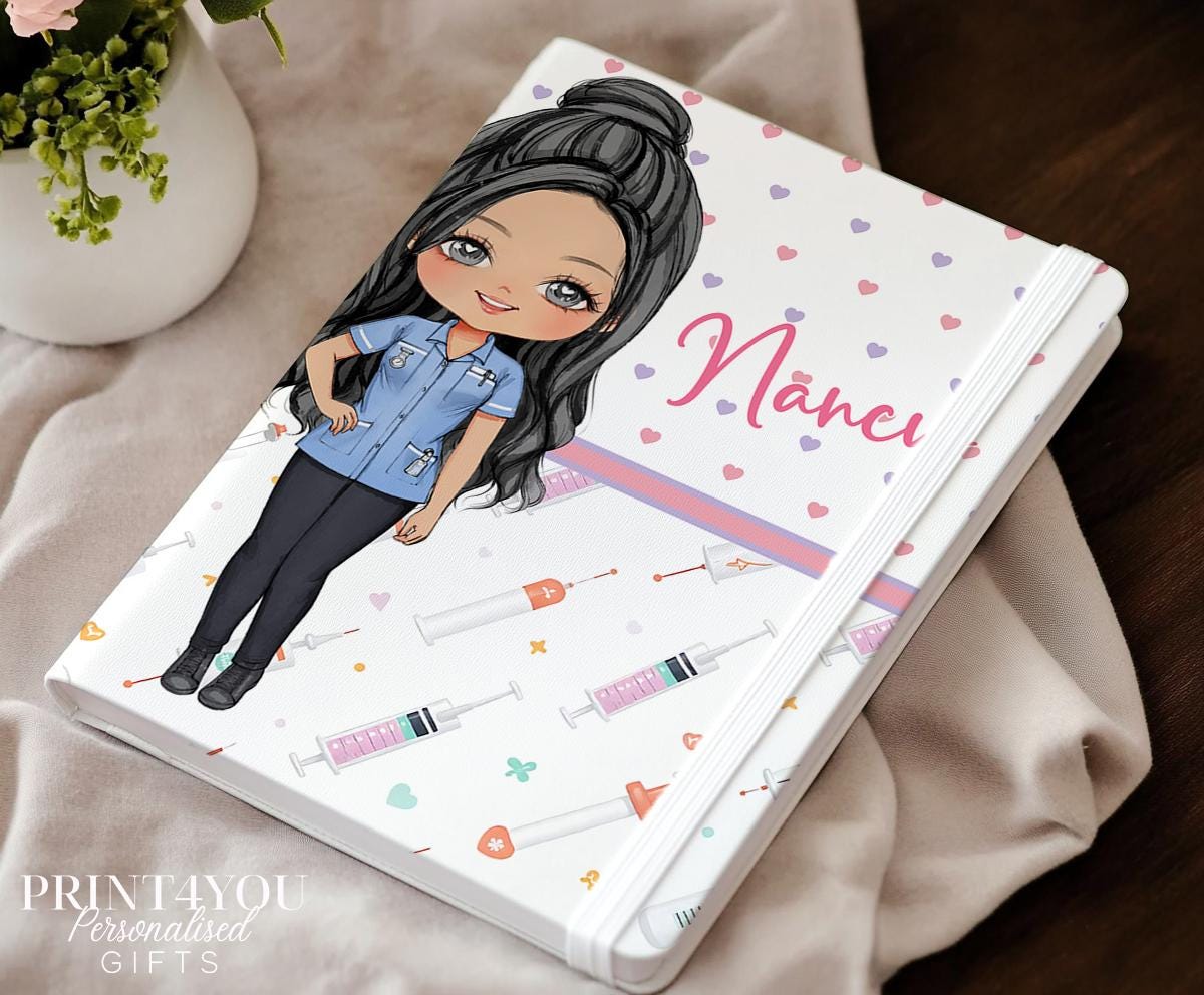 Personalised nurse notebook, PU leather journal with Nurse 4 cute character design and custom name