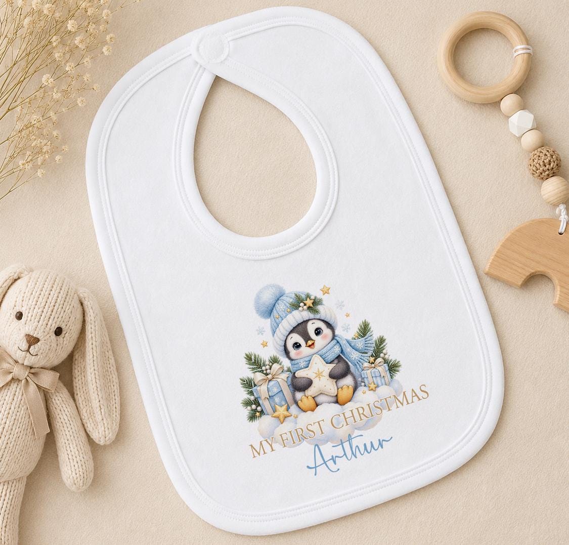 Personalised Baby Christmas Outfit 2026, Penguin Vest Sleepsuit, Bib