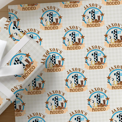 Roll of personalised western cowboy wrapping paper with an example name printed on the design