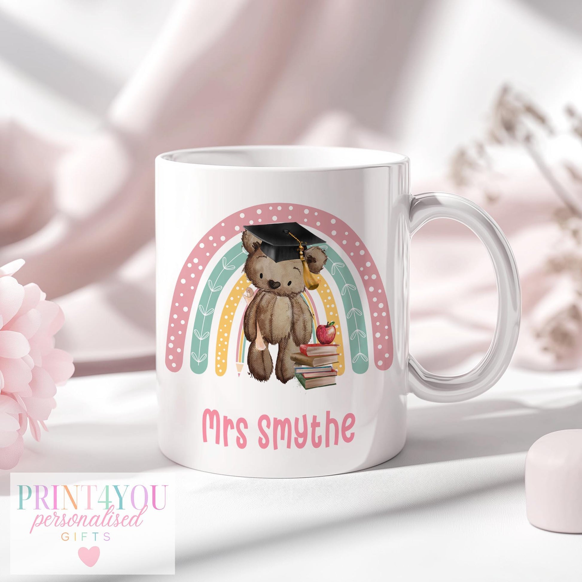 Personalised Teacher Mug – Ceramic Coffee Mug – End Of Term Gift, Pink Handle - Full white mug