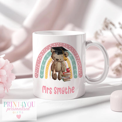 Personalised Teacher Mug – Ceramic Coffee Mug – End Of Term Gift, Pink Handle - Full white mug