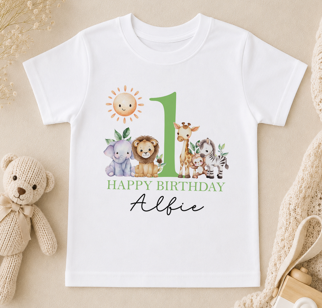 Personalised white t-shirt printed with a sun, giraffe, elephant and lion and 'Happy Birthday Alfie'.