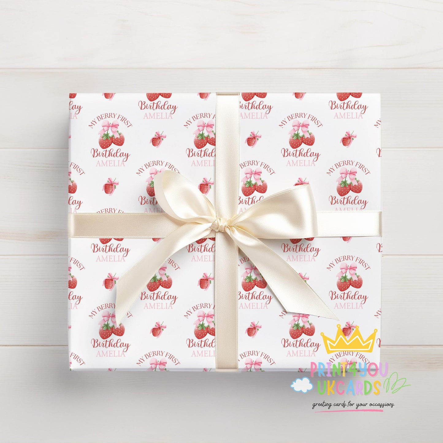 Personalised strawberry baby girl wrapping paper printed to order