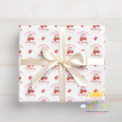 Personalised strawberry baby girl wrapping paper printed to order