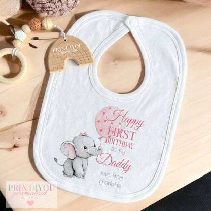 Baby wearing personalised pink elephant Daddy first birthday vest