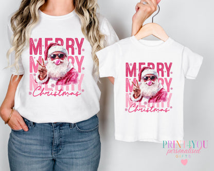 Personalised matching mummy and me Christmas t-shirts with custom name, baby size 0-3 months