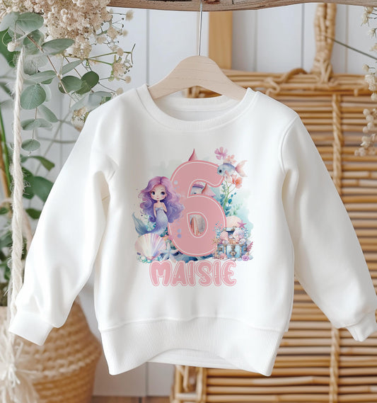 Personalised Birthday Age Sweatshirt Jumper For Children. Any Age, White Cotton Sweatshirt – Mermaid Number and name - 6-12 months