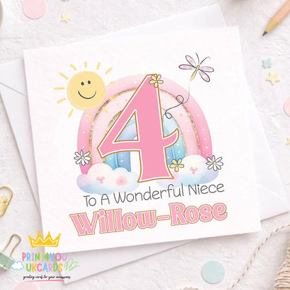 Square birthday greeting card with pastel rainbow and flower design personalised with a name and age