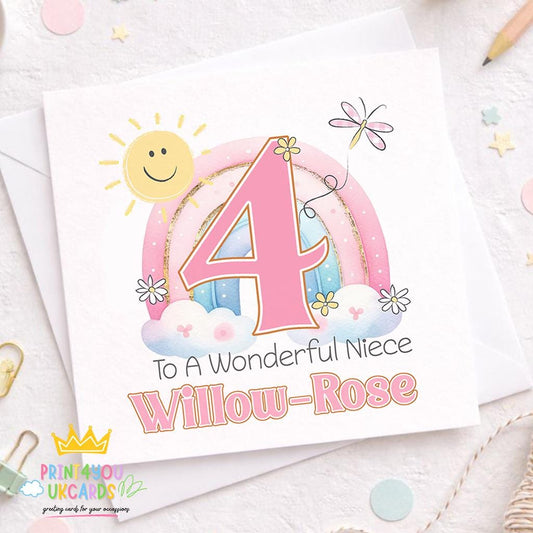 Square birthday greeting card with pastel rainbow and flower design personalised with a name and age