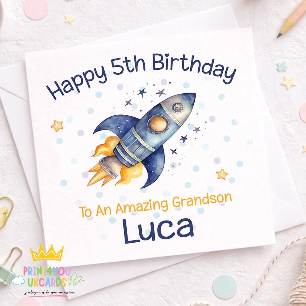 Square birthday card featuring a watercolour illustration of a rocket flying past stars and planets, personalised with a boy's name and age.
