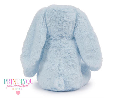 Brown personalised first birthday bunny soft toy with safari design printed on tummy